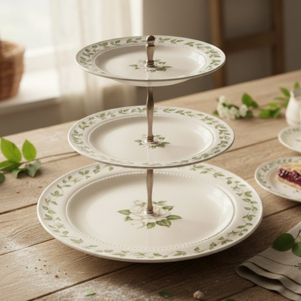 Vintage Hall White Rose 3 Tier Serving Tray Gold Trim Tea Party *
